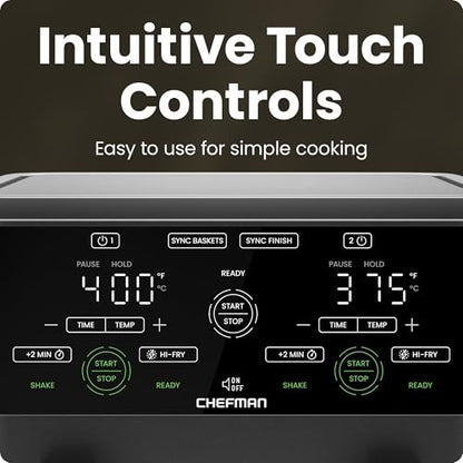 CHEFMAN 6 Quart Dual Basket Air Fryer Oven with Easy View Windows, Sync Finish, Hi-Fry, Auto Shutoff, 2 Independent 3Qt Nonstick Dishwasher Safe Frying Baskets, Digital Double Air Fryer - Black