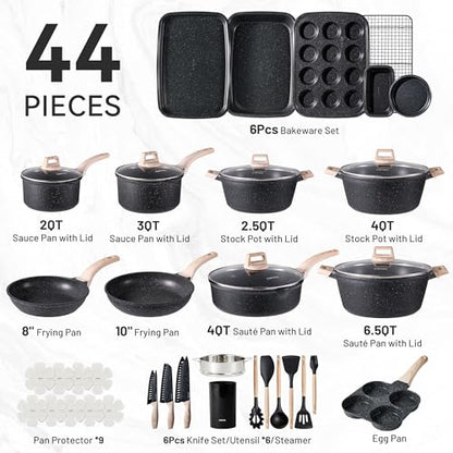 CAROTE 44pcs Pots and Pan Set Nonstick, Cookware Sets, Cooking Set Non Stick, Induction Cook Ware with Bakeware Set, Kitchen Knife Set