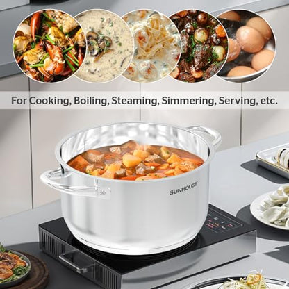 Sunhouse 8 Quart Stock Pot with Lid - 3-Ply Base Stainless Steel Cooking Pot - 8 QT Canning Dutch Oven Stock Pots - Oven Safe & Induction Cookware