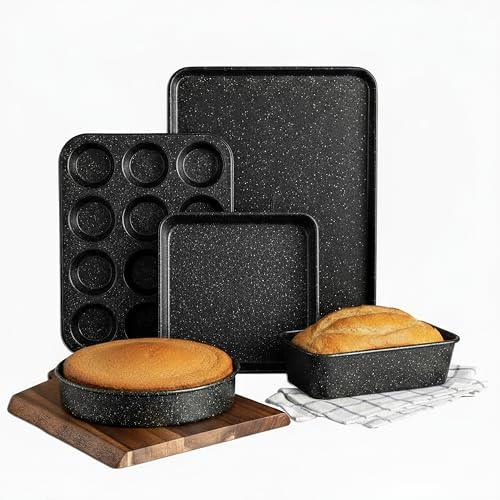 Granitestone Ultra Nonstick Bakeware Set, 5 Piece Dishwasher Safe Baking Pans Set with Muffin Pan, Loaf Pan, Round Baking Tray & Baking Sheet for Oven with Even Heating &No Warp Technology
