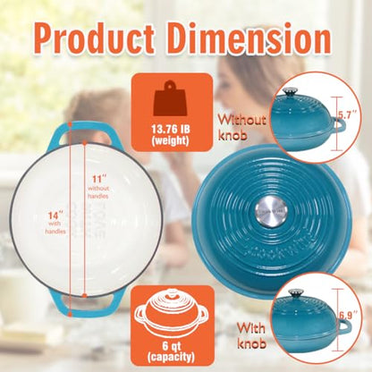 Enameled Cast Iron Bread Oven, 6 Quart Dutch Oven for Bread Sourdough Baking, 11" Thick Enamel Bread Baking Pan Kit with Lid for Stews, Roasts and Gifts for Family, Teal