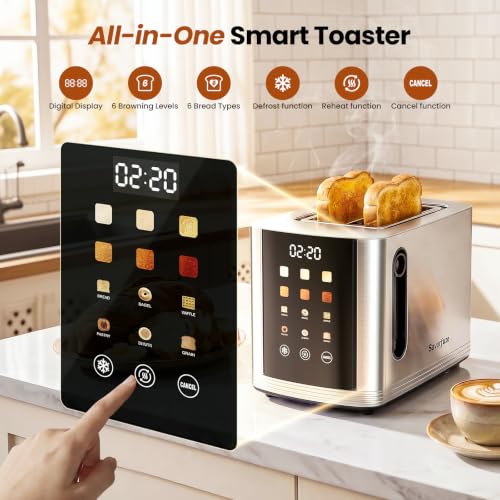 Toaster 2 Slice Touch Screen, Smart Toaster Wide Slot, Full Stainless Steel