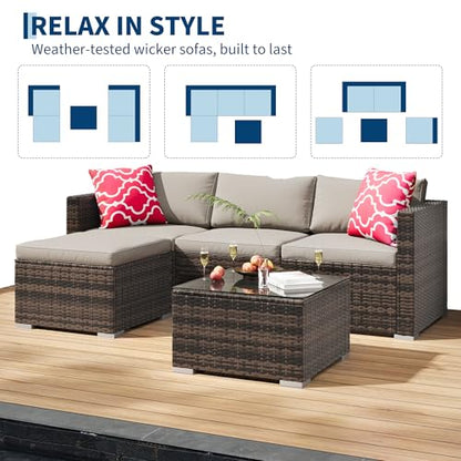GAOMON 5-Piece All-Weather Patio Furniture Set, Convertible Outdoor Sectional Sofa with Ottoman & Tempered Glass Table, PE Rattan Conversation Set for Garden, Backyard, Porch, Poolside