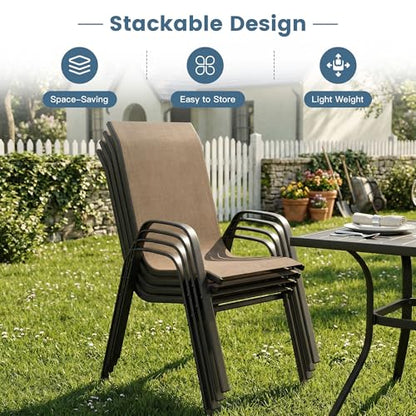 DIFY 7 Piece Outdoor Dining Set, 59.2" Black Rectangle Metal Patio Table and Brown Textilene Stackable Chairs for 6, All Weather Patio Furniture Set with Umbrella Hole for Backyard Garden Deck