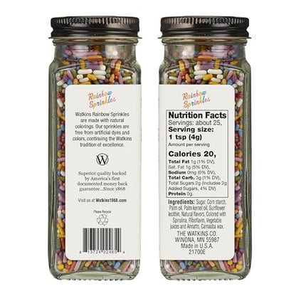 Watkins Rainbow Decorating Sprinkles, No Artificial Dyes, Kosher, 3.4 Ounce Jar, 1-Pack