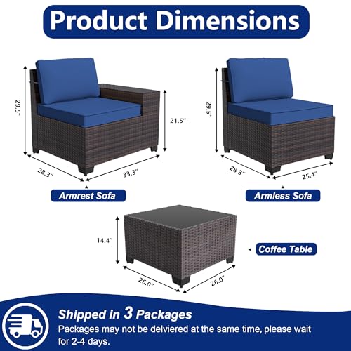 ASJMR Outdoor Patio Furniture Set, 6 Pieces Outdoor Sectional Furniture High Backrest Patio Sofa, All-Weather PE Rattan Patio Conversation Set with Coffee Table & Cushions(Dark Blue).
