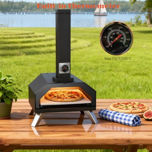 12" Wood Pellet Pizza Oven Outdoor, Portable Foldable Pizza Maker with Built-in Thermometer, Square Pizza Stone, Ideal for Camping, Backyard, Patio, Garden & Party