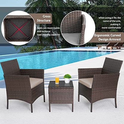 3-Piece Outdoor Wicker Conversation Bistro Set Outdoor Patio Porch Furniture Sets for Yard, Garden with 2 PE Rattan Wicker Chairs, 2 Cushions,1 Coffee Table