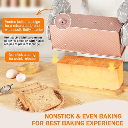 Gicyiit Pullman Loaf Pan with Lid, 13x4 inch, Premium 2.2LB Nonstick Sandwich Bread Loaf Pan for Homemade Sourdough Bread, Heavy Duty Carbon Steel Corrugated Toast Box with Cover for Baking, Bakeware