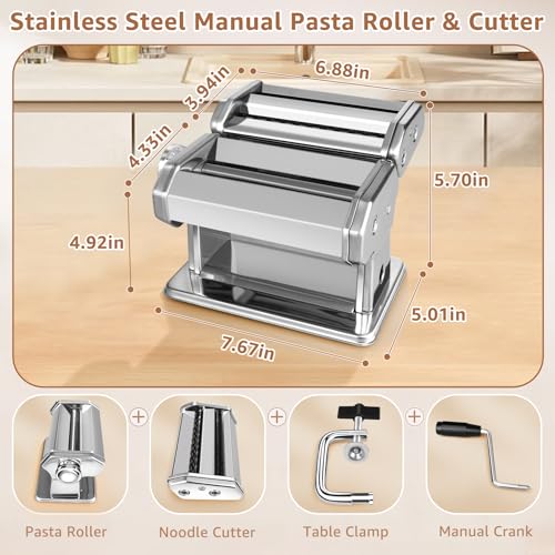 3 in 1 Pasta Maker - 7 Thickness Noodle Maker with Roller & 2 Width Cutters