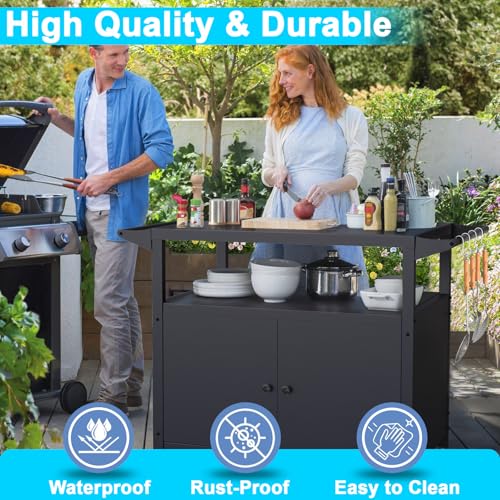 COZEER Outdoor Grill Table with Storage, Movable BBQ Grill Cart, Outdoor Kitchen Prep Station, Rolling Bar Serving Cart with Utensil Hooks, Blackstone Griddle Stand