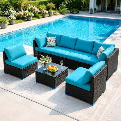 7 Piece Outdoor Sectional Patio Furniture Set with Coffee Table, Blue