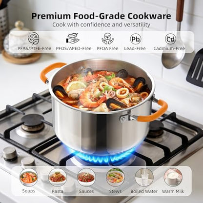 Ciwete Stainless Steel Stock Pot, 5.2 Quart Soup Pot with Lid, Heavy-Duty Thick Bottom Induction Cooking Pot for Pasta, Stew & Simmering, Even Heating, Compatible with All Cooktops, Dishwasher Safe