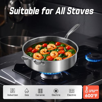 Toutrop Frying Pans Nonstick wih Lid, Non Stick Tri-Ply Stainless Steel Saute Pan, 8 Quarts Large Sauté Pan, 13.5 Inch Induction Cooking Pan, Dishwasher and Oven Safe, PFOA Free