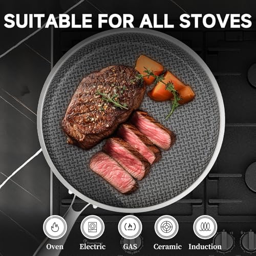LOLYKITCH 12 In Nonstick Frying Pan Skillet with Lid, Ceramic Coating, Tri-ply Stainless Steel, Induction Compatible, PFOA-free, Oven Safe to 600°F, Dishwasher-safe, Detachable Handle