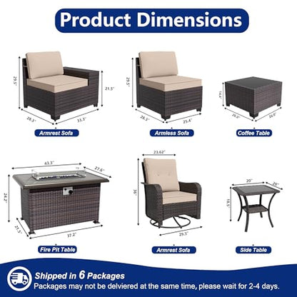 ASJMR 10 Pieces Patio Furniture Set with 2 Swivel Chairs Patio Furniture Outdoor Sectional Sofas with 55000 Gas Fire Pit Patio Conversation Set w/7 Cushions-Brown