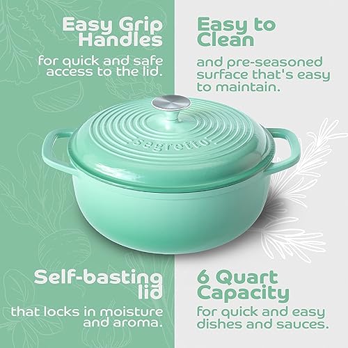 Segretto Cookware Enameled Cast Iron Dutch Oven, 6 Quarts, Light Green