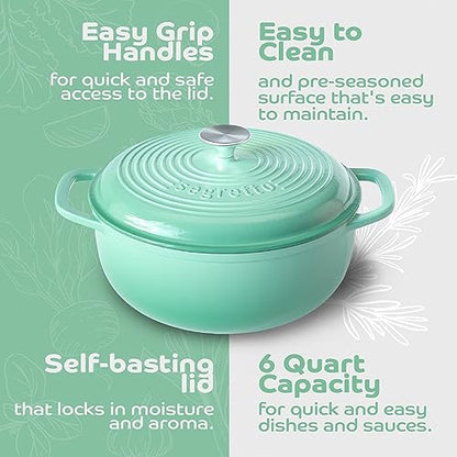 Segretto Cookware Enameled Cast Iron Dutch Oven, 6 Quarts, Light Green