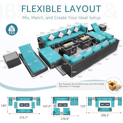 NICESOUL 20 Piece Extra Large Patio Furniture Set w/Fire Pit Table & Chaise Lounge, Modern Luxury Outdoor Group Seating w/Firepit, Comfortable 29.3" High-Back Sectional Couch Deep Seat, Gray & Teal