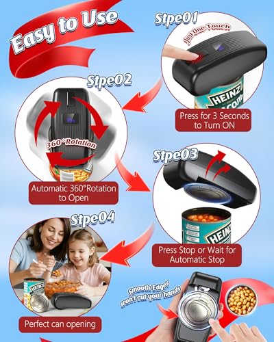 HuiJuKeJi LED Automatic Can Opener, Hands-Free One-Touch Operation Electric Can Opener, Auto-Stop Smooth Edge Safety & USB Rechargeable for Seniors Arthritis Effortless Opening Kitchen Gadget Gift