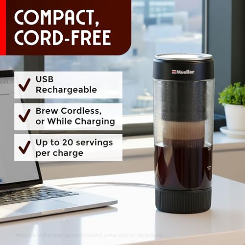 Mueller RapidBrew Cold Brew Iced Coffee Maker – 10 Min Fast Brew Portable Rechargeable Cold Brew Machine for Coffee & Tea – Adjustable Strength 10-99 Min – 20 Servings Per Charge, Black Coffee