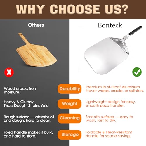 Bonteck Pizza Peel Aluminum Metal Pizza Spatula Kit | 12x14 Inch Foldable Handle Paddle | 6Pcs Pizza Oven Accessories with Rocker Cutter, Pizza Pan, Pizza Server, Oven Mitts, for Family Oven Baking