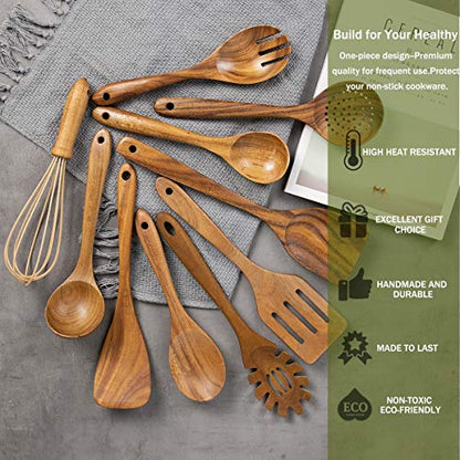 10 Pack Wooden Spoons for Cooking, Teak Wood Kitchen Utensils Set for Non Stick Use, Spatula Set for Stirring, Baking, Non Stick Wooden Utensils for Kitchen