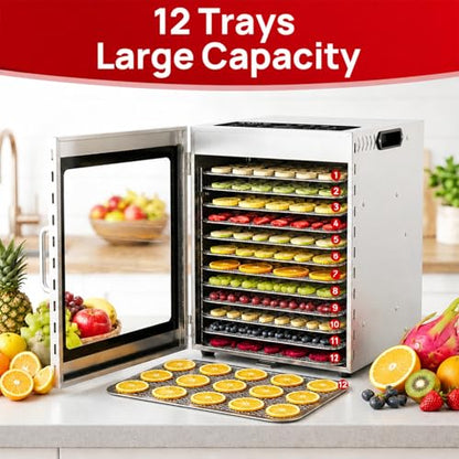 ARINOO Food Dehydrator Machine with 12 Stainless Steel Trays, 48H Timer