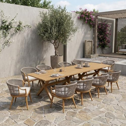 PURPLE LEAF 12 Pieces Outdoor Dining Set All Weather Wicker Patio Dining Set with Rectangular Aluminum Table and Modern Armrest Dining Chairs for Garden Deck Backyard Kitchen, Teak