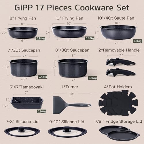 GiPP Ceramic Pots and Pans Set Non Stick, Nonstick Detachable Handle Cookware Sets, Healthy Non Toxic PFAS PFOA & PTFE Free, Dishwasher ＆Oven Safe, Induction Kitchen Pot and Pan, 17 Piece Gray