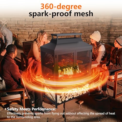 2-in-1 Metal Chiminea Fireplace with Grill,Wood Burning Outdoor Fireplace with Wood Storage, Chimney,Metal Mesh Spark Screen,and Fire Tongs Ideal for Yards,Patios, Gardens,Camping,and Picnics