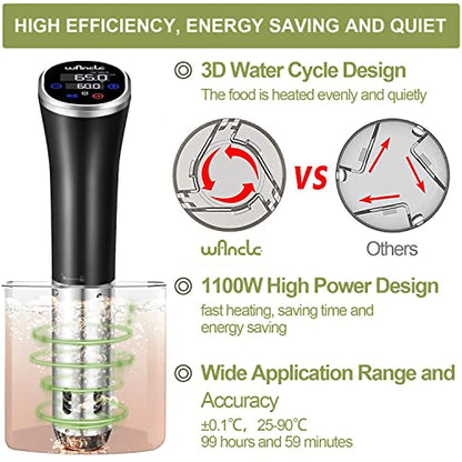 Sous Vide, Wancle Sous Vide Cooker 1100W IPX7 Waterproof Thermal Immersion Circulator With Reservation Function, Easy to store