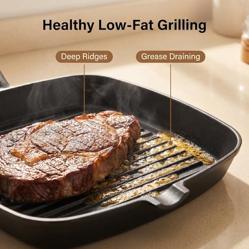JSY Sun Cast Iron Grill Pan, 9 Inch Griddle Pan with Kitchen Tong & Oil Brush, Gilling Skillet with Pour Spout & Grill Lines for Searing Steak, Stove Tops Gas Induction Campfire Compatible, PFOA Free