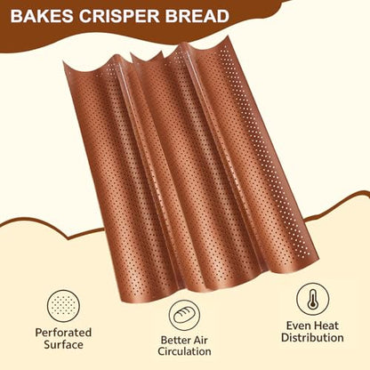 Logario Baguette Pan Set of 2 with Proofing Cloth, Nonstick 2-Slot French Bread Baking Pan for Homemade Baguette, Carbon Steel Vintage Bronze Tray, Bakeware for Artisan Homemade Bread