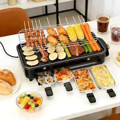Electric Indoor Grill, 3 in 1 Smokeless Indoor Grills with Non-stick Removable Grill & Griddle Plate, Portable Korean BBQ Grills with 4 Cheese Pans, Adjustable Temperature Control, 1500W (Black)