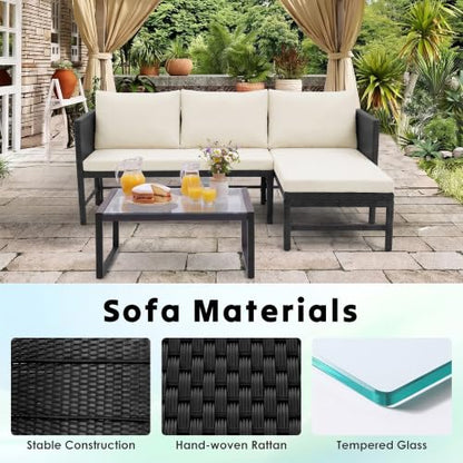 Tappio 3 Pieces Patio Furniture Sectional Sets, 3-Piece Outdoor PE Rattan Furniture Sets, Outdoor All-Weather PE Rattan Wicker Lawn Conversation Sets with Cushion and Glass Table (Begie)