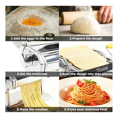 Pasta Maker Machine With 7 Adjustable Thickness Settings, Stainless Steel Manual Noodle Maker,Pasta Roller& Cutters With Removable Handle and Clamp For Kitchen