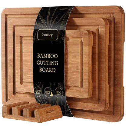 Zoutley 3-Piece Deep Carbonized Bamboo Cutting Board Set with Vertical Drying Stand | Wooden Chopping Boards for Kitchen | Extra Deep Juice Grooves & Easy-Carry Side Handles | Gift-Ready