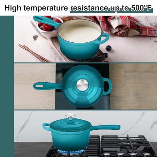 1 Quart Cast Iron Saucepan, Leonyo Enameled Sauce Pan with Lid, Enamel Cast Iron Dutch Oven Cooking Stock Pots and Pan Set Kitchen Cookware Appliances for All Cooktops - Up to 500°F, Lake Green