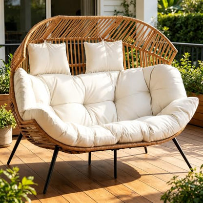 JAMFLY Double Egg Chair Wicker Outdoor Chairs, 2 Person Oversized Patio Loveseat Lounge Chair with Cushion, Indoor Living Room Bedroom Outside Patio Backyard Balcony Leisure Chair, Creamy White