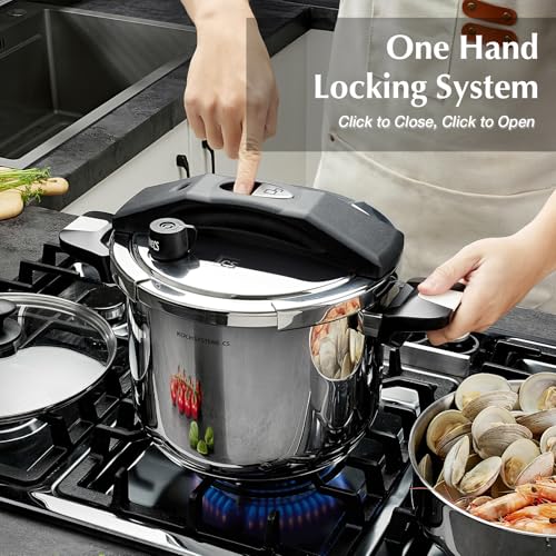 KOCH SYSTEME CS Stainless Steel Pressure Cooker 8.5 Quart, 3-in-1 Olla de Presion, One-Hand Locking, 3 PSI Settings Stovetop Pressure Cookers, induction Pressure Cooker, Glass Lid & Steamer, 8.5QT