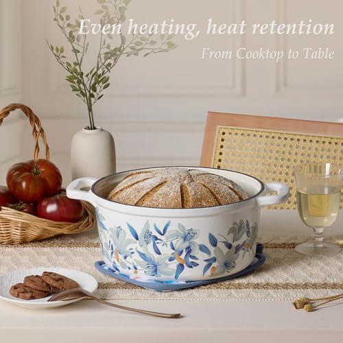 CAROTE 5 QT Cast Iron Dutch Oven Pot with Lid, Enameled Floral Dutch Ovens with Cotton Potholders & Oven Gloves, Gift Box, Cast Iron Pot for Sourdough Bread Baking, Braising, Stews, Roasting, Dual Handles, All Stovetop Compatible, Oven Safe up to 500° F,