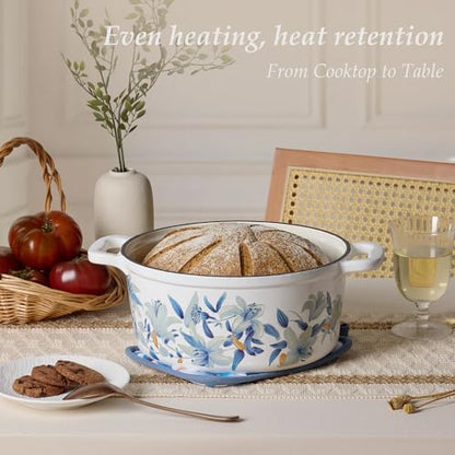 CAROTE 5 QT Cast Iron Dutch Oven Pot with Lid, Enameled Floral Dutch Ovens with Cotton Potholders & Oven Gloves, Gift Box, Cast Iron Pot for Sourdough Bread Baking, Braising, Stews, Roasting, Dual Handles, All Stovetop Compatible, Oven Safe up to 500° F,