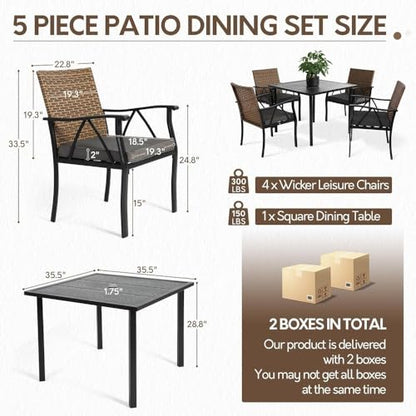 Andehomy 5-Piece Patio Dining Set for 4, Outdoor Dining Set with 4 Wicker Patio Dining Chairs with Cushions & 1 Black Square Woodgrain Dining Table with 1.75" Market Umbrella Hole, Black & Brown