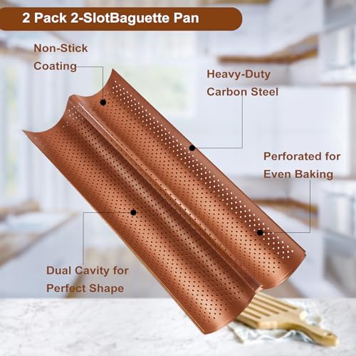 Logario Baguette Pan Set of 2 with Proofing Cloth, Nonstick 2-Slot French Bread Baking Pan for Homemade Baguette, Carbon Steel Vintage Bronze Tray, Bakeware for Artisan Homemade Bread