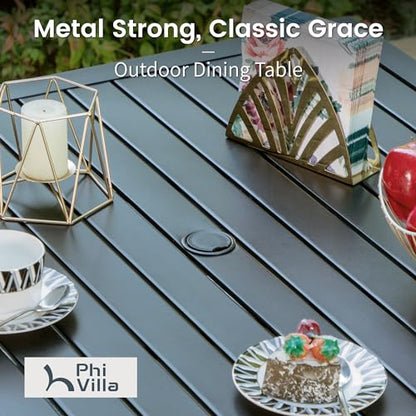 PHI VILLA 5 Piece Outdoor Table and Chairs, Patio Dining Set for 4,37" Black Square Metal Table and Stackable Wrought Iron Chairs with Umbrella Hole for Patio, Deck, Porch, Backyard