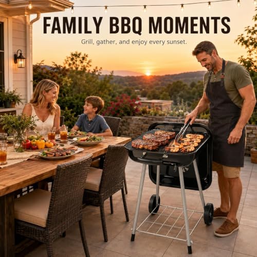 17.5 Inch Square Charcoal Grill with Wheels, Portable Outdoor BBQ Kettle