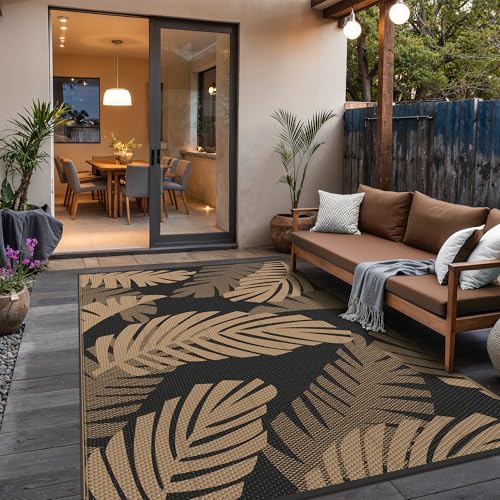 GENIMO Waterproof Outdoor Rug 5' x 8' for Patio Decor, Reversible Plastic Straw Area Rugs for Camping Clearance, RV Mat, Large Outside Carpet for Porch, Deck, Picni, Balcony, Garden, Black & Brown