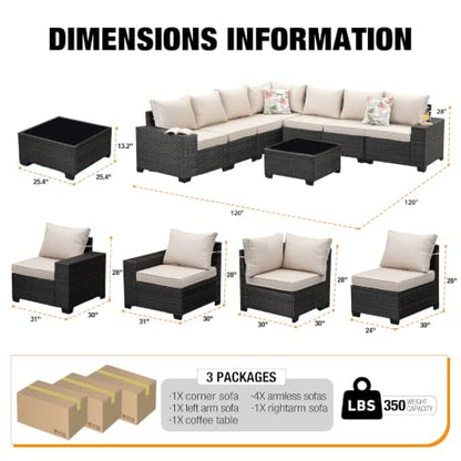 JOYURE 8 Pieces Patio Furniture Set All-Weather Outdoor Wicker Sectional Conversation Sofa Rattan Patio Seating Sofa with Cushion and Glass Table for Porch Poolside,Beige