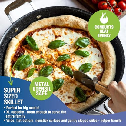 Granitestone 14 Inch Large Non stick Frying Pan for Cooking, Frying Pans Nonstick, Ultra Durable Mineral and Diamond Coating, Family Sized Open Skillet, Oven and Dishwasher Safe, Black
